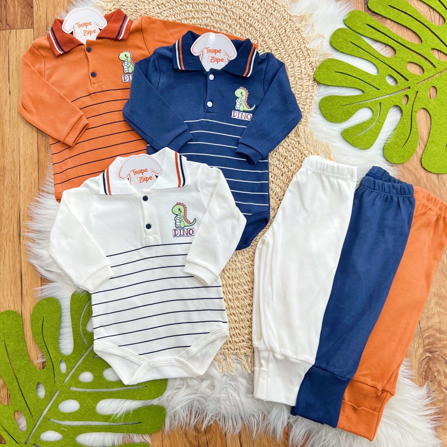  Kit 6 Peças - Dinos Gola Polo - Ferrugem, Marinho e Off White